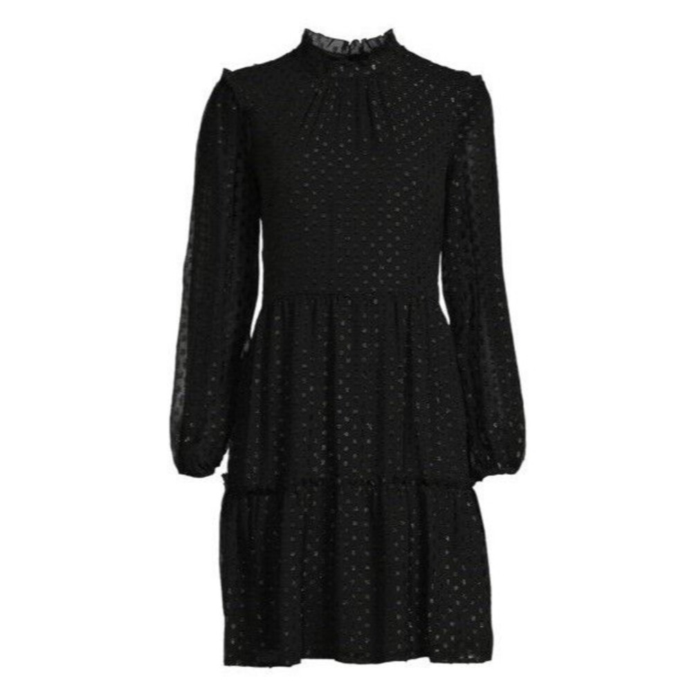Tommy Hilfiger Textured Sheer Long Sleeve Tiered Black Mini Dress SZ 14